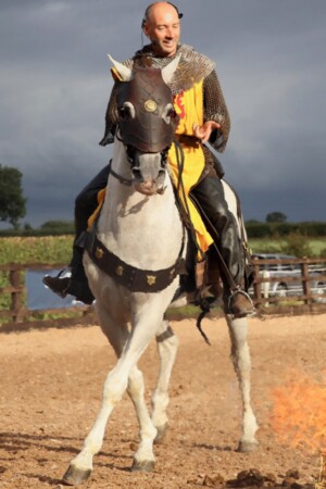 Dylan on Valmorim (Lusitano stallion), riding display in Cheshire