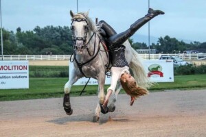 Valmorim (Lusitano stallion) trick riding with one of the team
